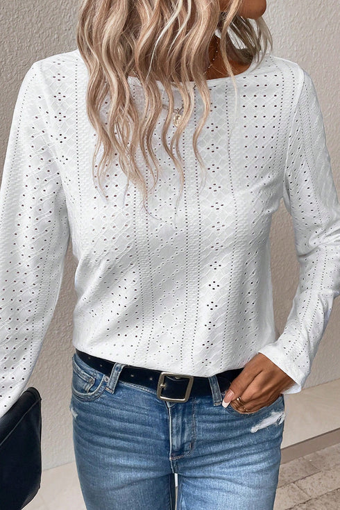 Floral Lace Splicing Eyelet Long Sleeve Top